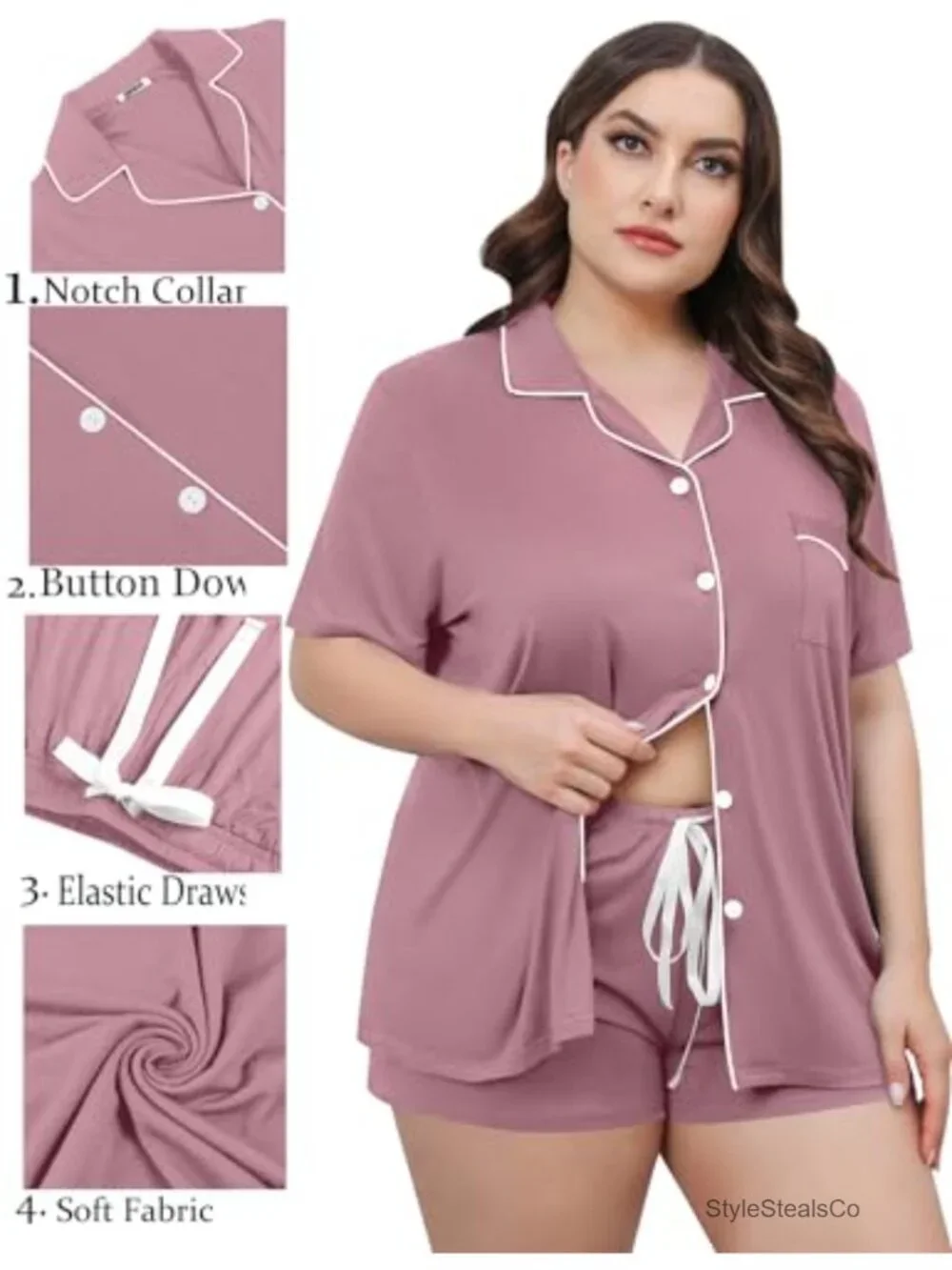 Plus Size Pajama Set Button Down Short Sleeve Sleepwear Lounge Set With Pocket